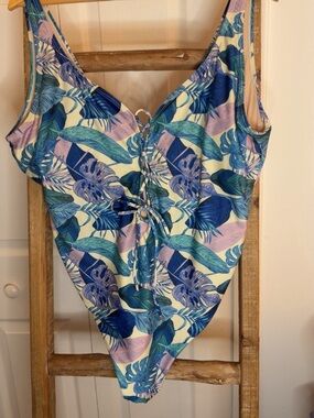 Tropical Leaf Lace-Up One-Piece Swimsuit in Blue & Cream size 16